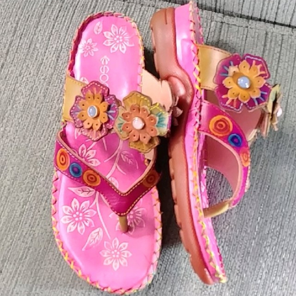 Socofy Leather Floral Thongs
